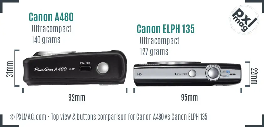 Canon A480 vs Canon ELPH 135 top view buttons comparison Canon A480 vs Canon ELPH 135 top view buttons comparison