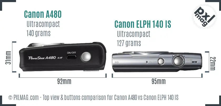 Canon A480 vs Canon ELPH 140 IS top view buttons comparison