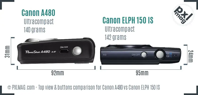 Canon A480 vs Canon ELPH 150 IS top view buttons comparison