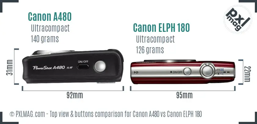 Canon A480 vs Canon ELPH 180 top view buttons comparison