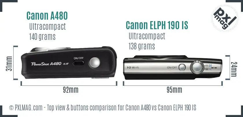 Canon A480 vs Canon ELPH 190 IS top view buttons comparison