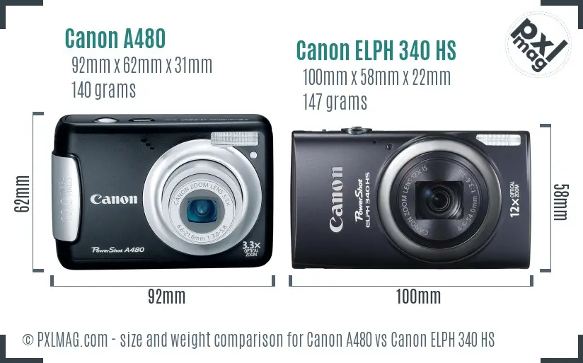 Canon A480 vs Canon ELPH 340 HS size comparison