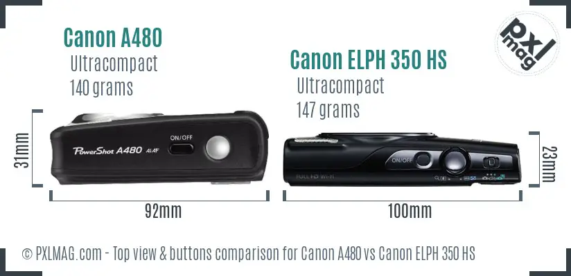 Canon A480 vs Canon ELPH 350 HS top view buttons comparison