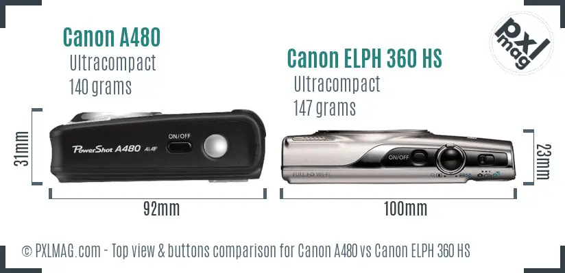 Canon A480 vs Canon ELPH 360 HS top view buttons comparison