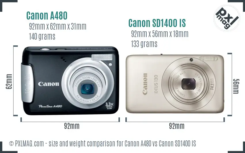 Canon A480 vs Canon SD1400 IS size comparison