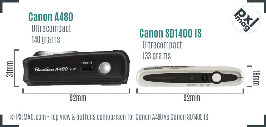 Canon A480 vs Canon SD1400 IS top view buttons comparison