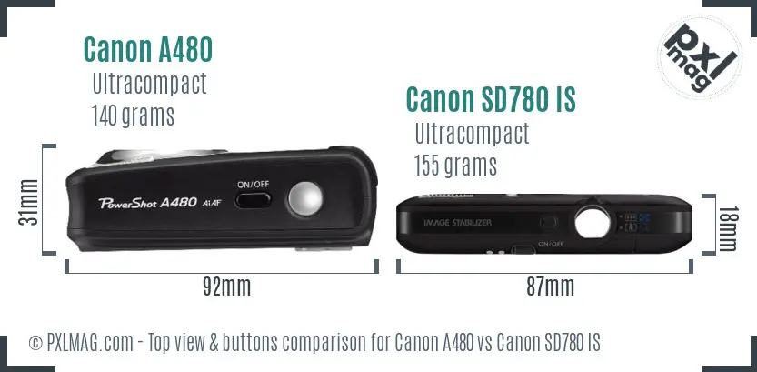 Canon A480 vs Canon SD780 IS top view buttons comparison