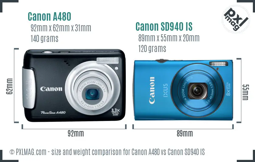 Canon A480 vs Canon SD940 IS size comparison