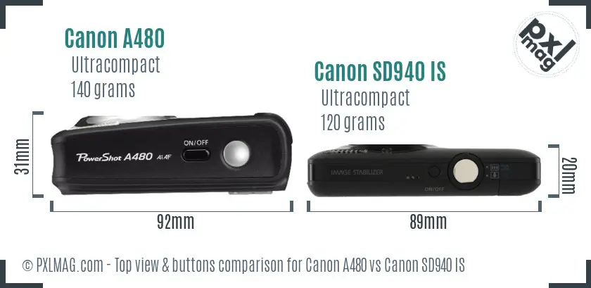 Canon A480 vs Canon SD940 IS top view buttons comparison