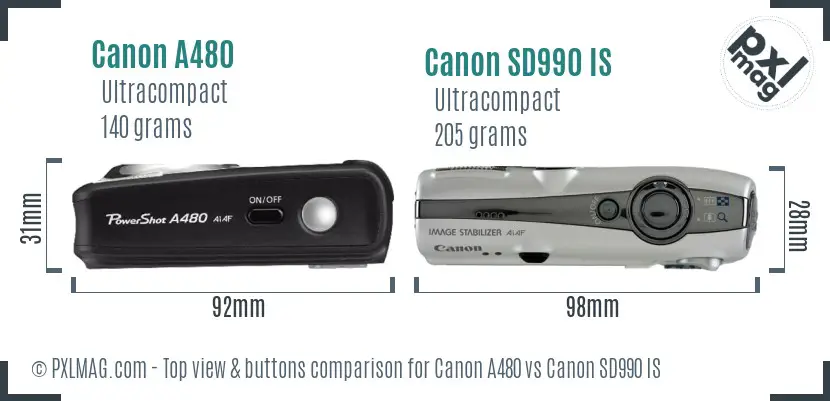 Canon A480 vs Canon SD990 IS top view buttons comparison