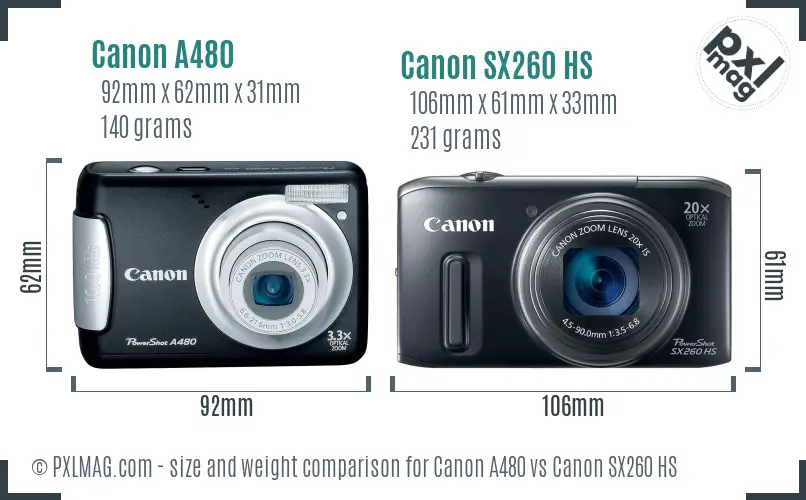 Canon A480 vs Canon SX260 HS size comparison