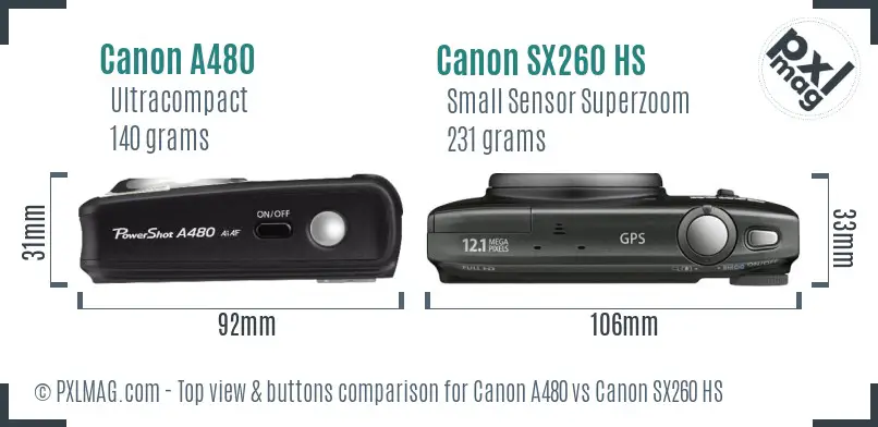 Canon A480 vs Canon SX260 HS top view buttons comparison