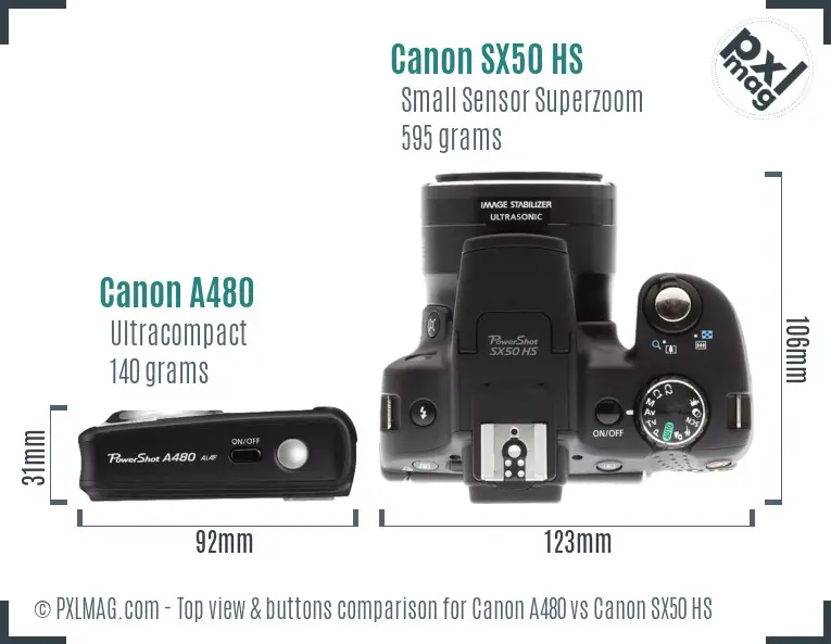 Canon A480 vs Canon SX50 HS top view buttons comparison