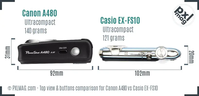 Canon A480 vs Casio EX-FS10 top view buttons comparison