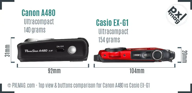 Canon A480 vs Casio EX-G1 top view buttons comparison