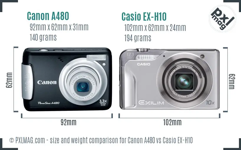 Canon A480 vs Casio EX-H10 size comparison