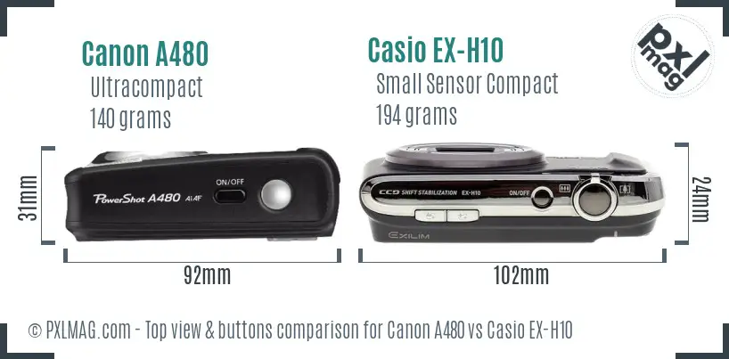 Canon A480 vs Casio EX-H10 top view buttons comparison
