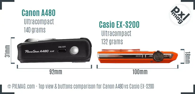 Canon A480 vs Casio EX-S200 top view buttons comparison