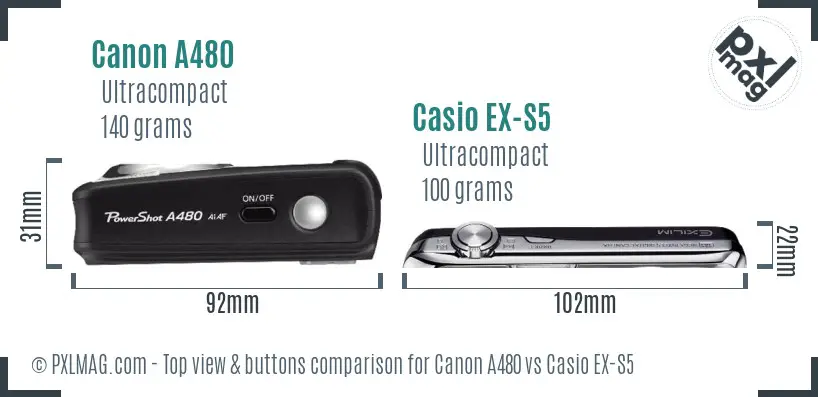 Canon A480 vs Casio EX-S5 top view buttons comparison