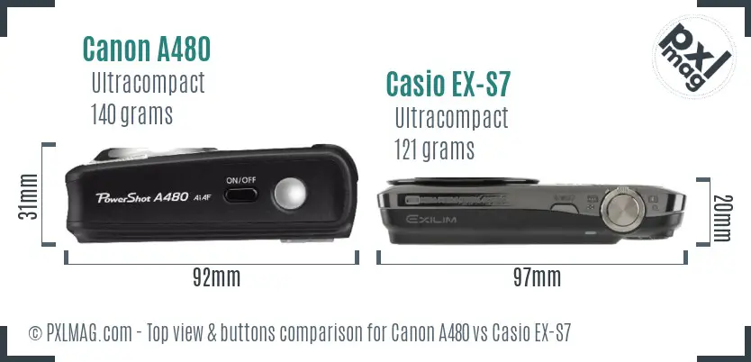 Canon A480 vs Casio EX-S7 top view buttons comparison