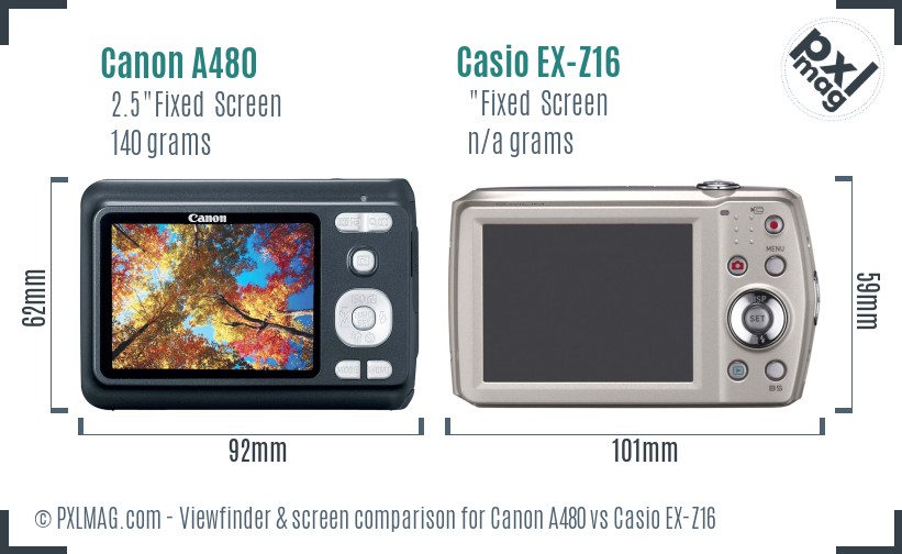 Canon A480 vs Casio EX-Z16 Screen and Viewfinder comparison
