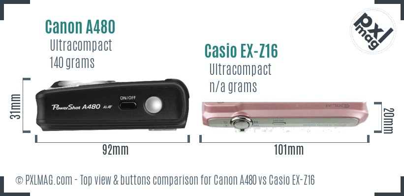 Canon A480 vs Casio EX-Z16 top view buttons comparison