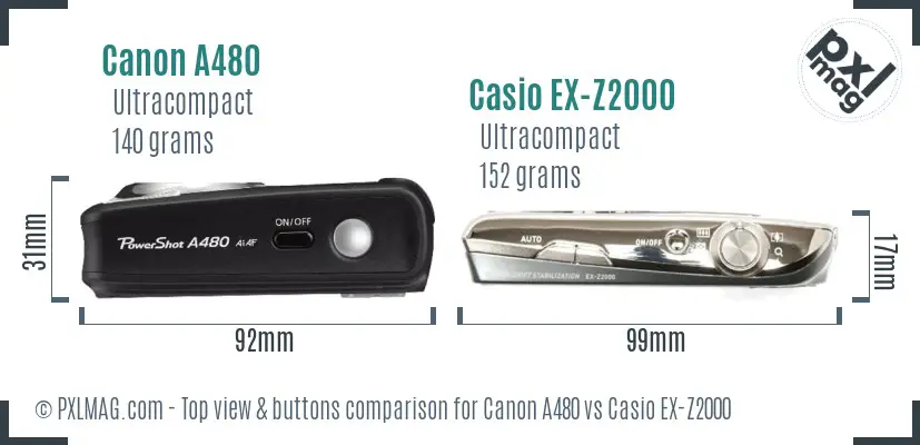 Canon A480 vs Casio EX-Z2000 top view buttons comparison