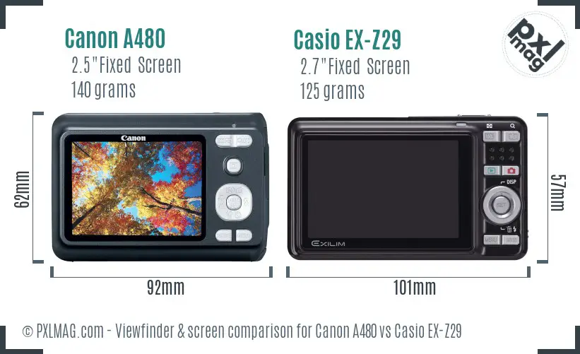 Canon A480 vs Casio EX-Z29 Screen and Viewfinder comparison