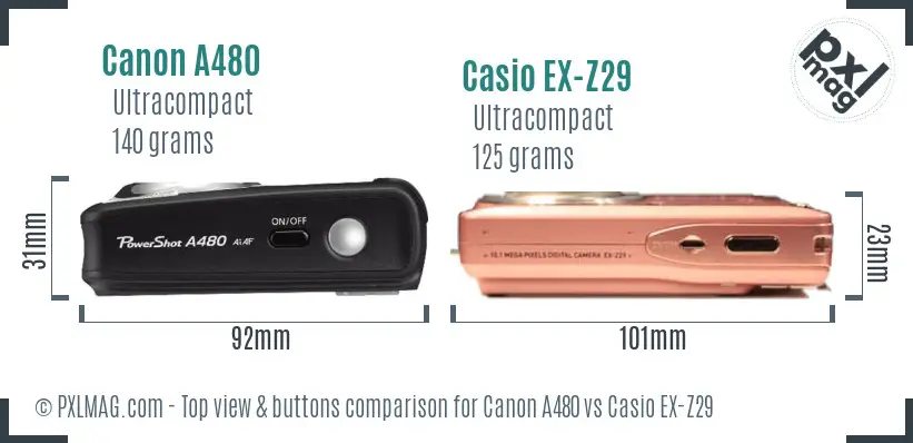 Canon A480 vs Casio EX-Z29 top view buttons comparison