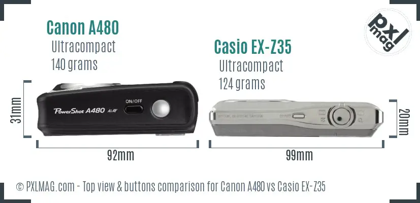 Canon A480 vs Casio EX-Z35 top view buttons comparison