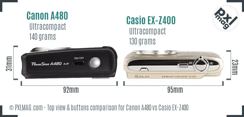 Canon A480 vs Casio EX-Z400 top view buttons comparison