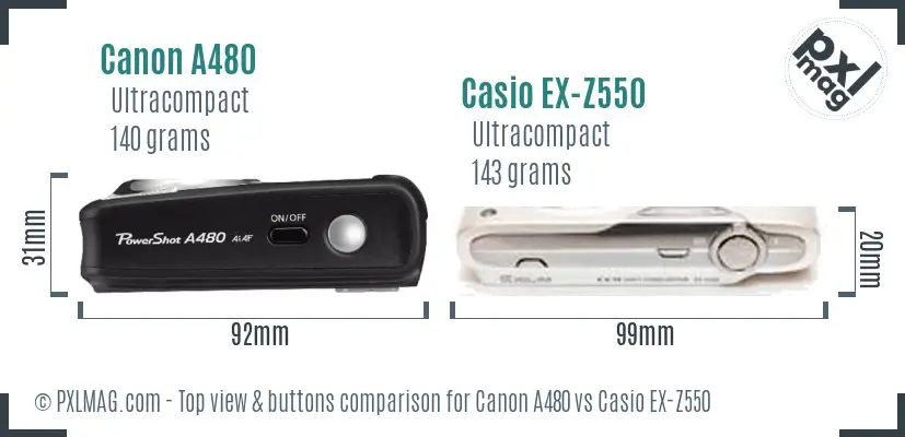 Canon A480 vs Casio EX-Z550 top view buttons comparison Canon A480 vs Casio EX-Z550 top view buttons comparison