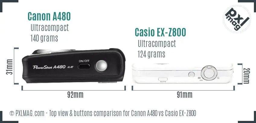 Canon A480 vs Casio EX-Z800 top view buttons comparison