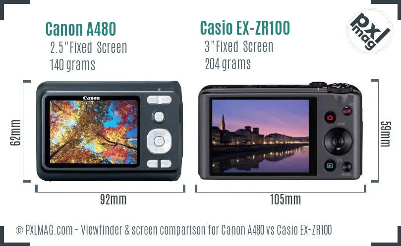 Canon A480 vs Casio EX-ZR100 Screen and Viewfinder comparison