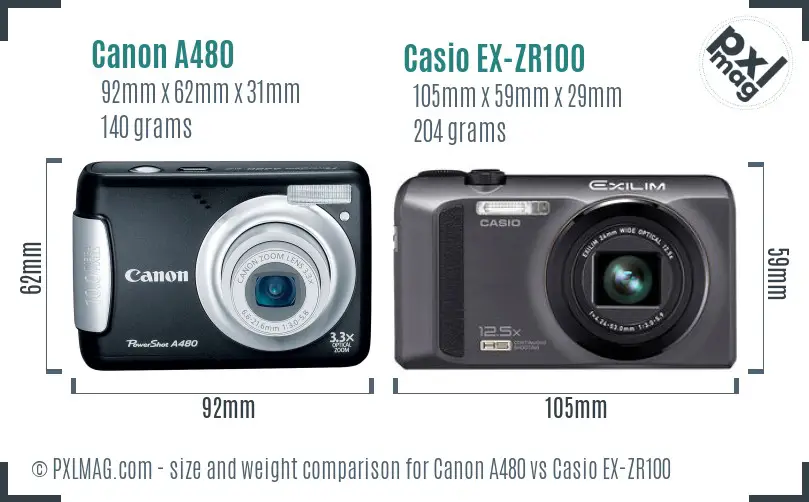Canon A480 vs Casio EX-ZR100 size comparison