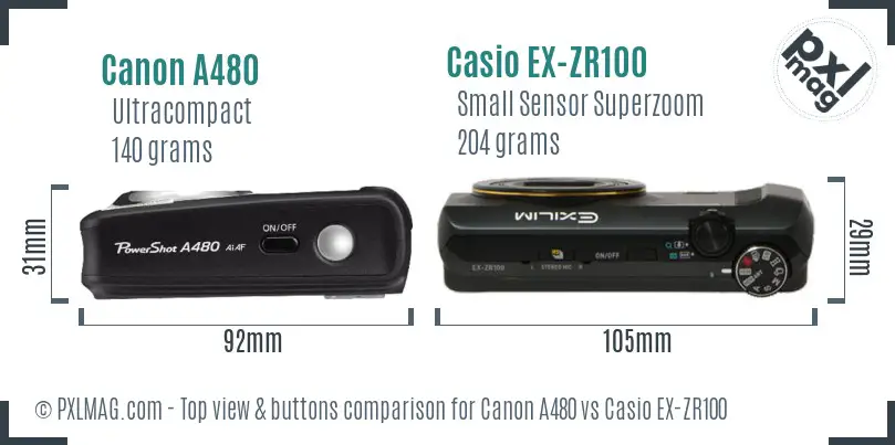 Canon A480 vs Casio EX-ZR100 top view buttons comparison