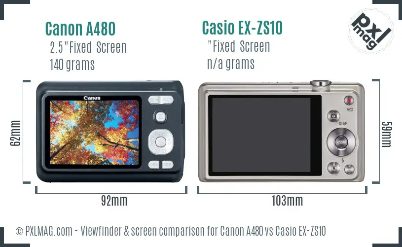 Canon A480 vs Casio EX-ZS10 Screen and Viewfinder comparison