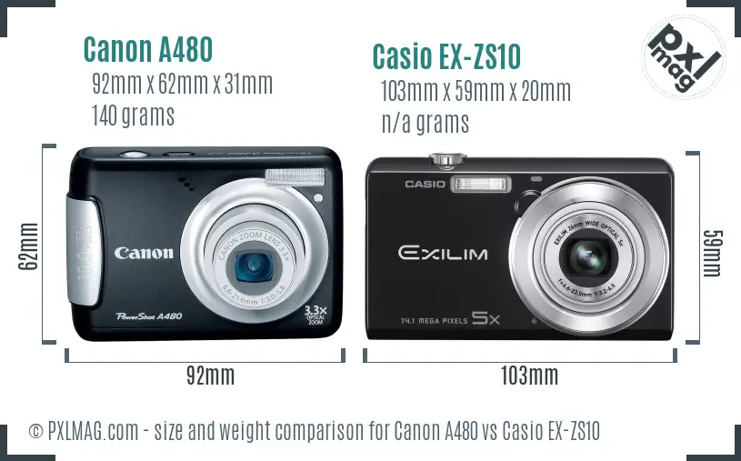 Canon A480 vs Casio EX-ZS10 size comparison