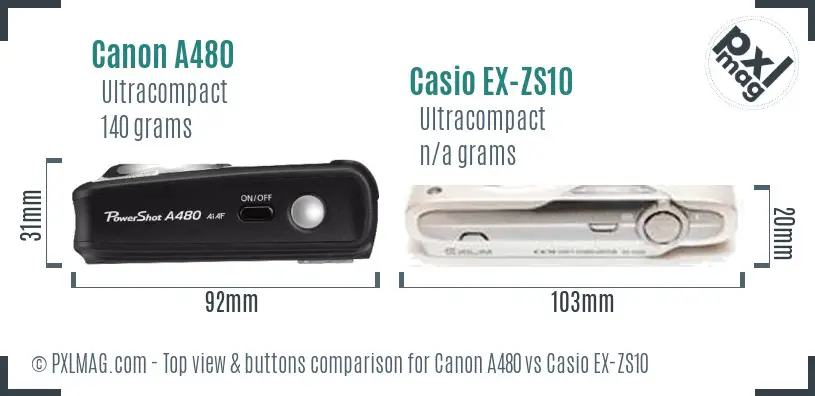 Canon A480 vs Casio EX-ZS10 top view buttons comparison