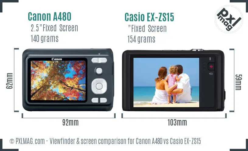 Canon A480 vs Casio EX-ZS15 Screen and Viewfinder comparison