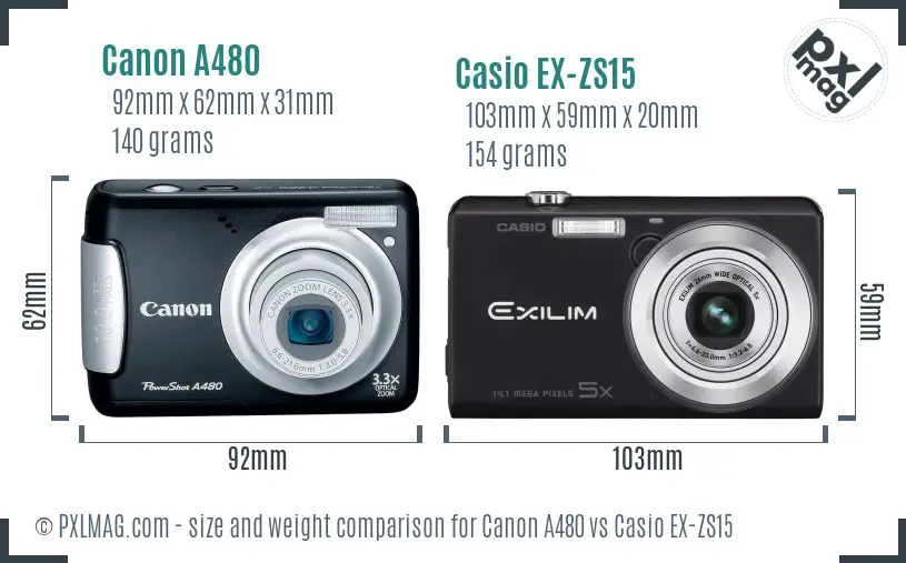 Canon A480 vs Casio EX-ZS15 size comparison