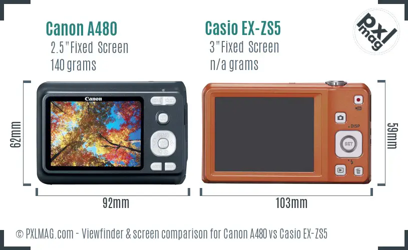 Canon A480 vs Casio EX-ZS5 Screen and Viewfinder comparison