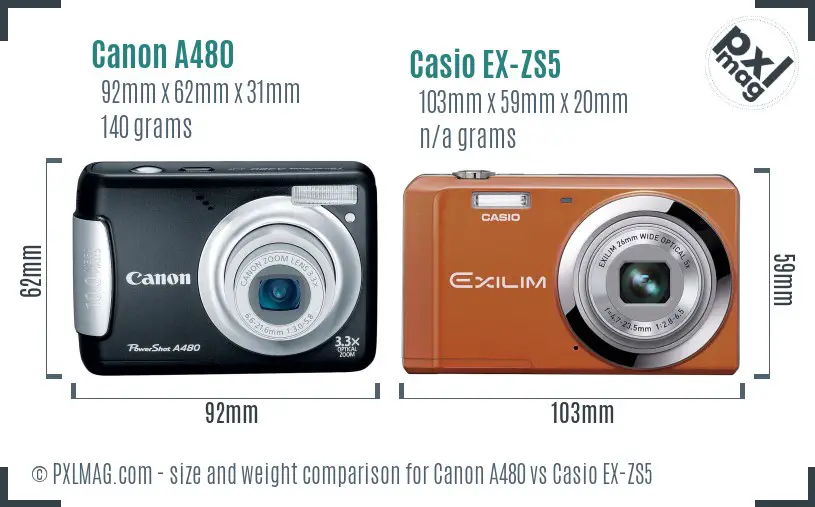 Canon A480 vs Casio EX-ZS5 size comparison