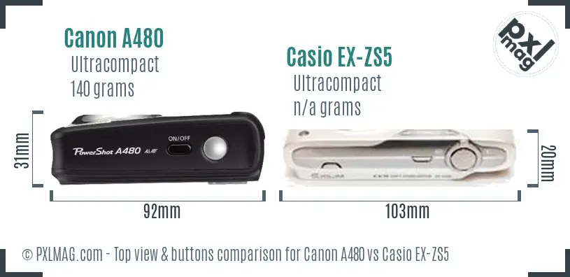 Canon A480 vs Casio EX-ZS5 top view buttons comparison