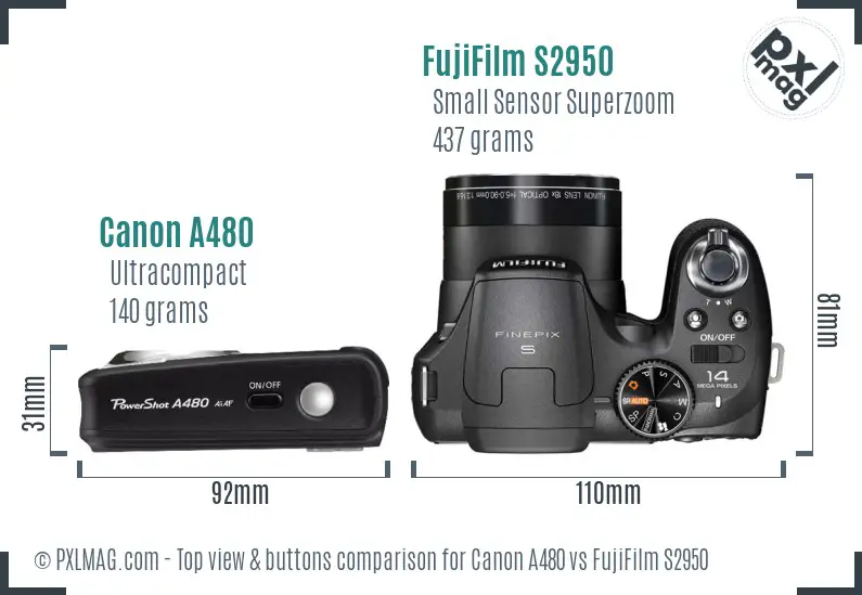 Canon A480 vs FujiFilm S2950 top view buttons comparison