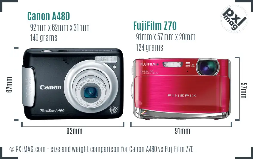 Canon A480 vs FujiFilm Z70 size comparison
