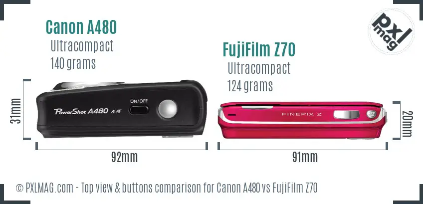 Canon A480 vs FujiFilm Z70 top view buttons comparison