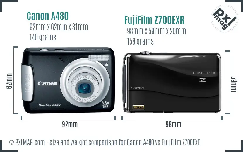 Canon A480 vs FujiFilm Z700EXR size comparison