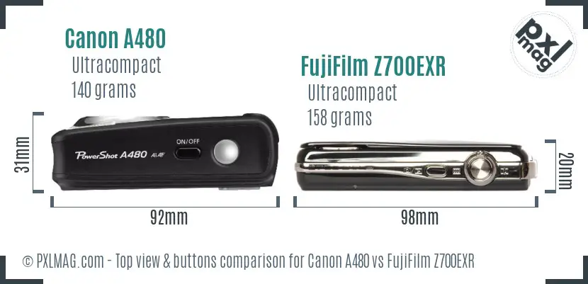 Canon A480 vs FujiFilm Z700EXR top view buttons comparison