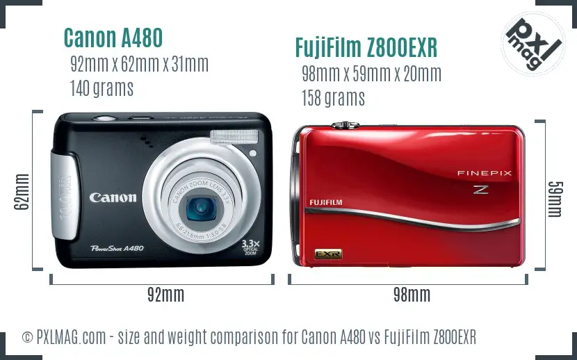 Canon A480 vs FujiFilm Z800EXR size comparison